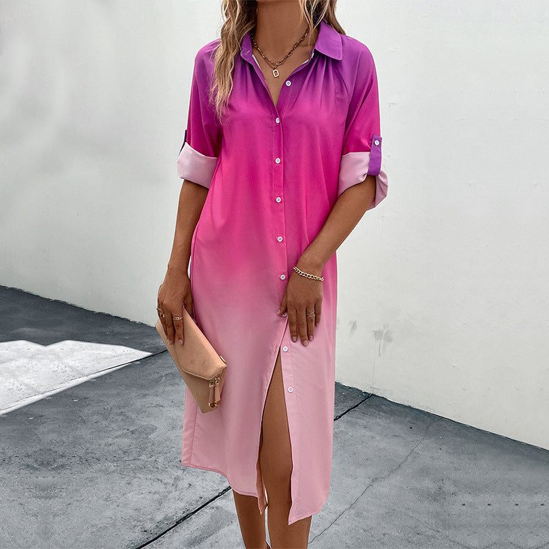 Damen Midi-Kleid mit modernem Farbverlauf und elegantem Hemdkragen WW