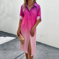 Damen Midi-Kleid mit modernem Farbverlauf und elegantem Hemdkragen WW