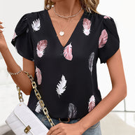 Damen Bluse mit romantischen Federmuster und Puffärmeln WW