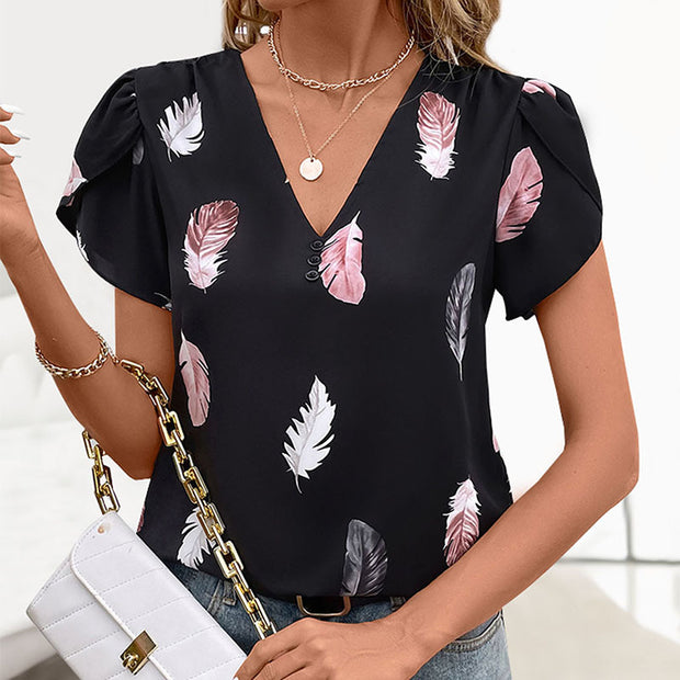 Damen Bluse mit romantischen Federmuster und Puffärmeln WW