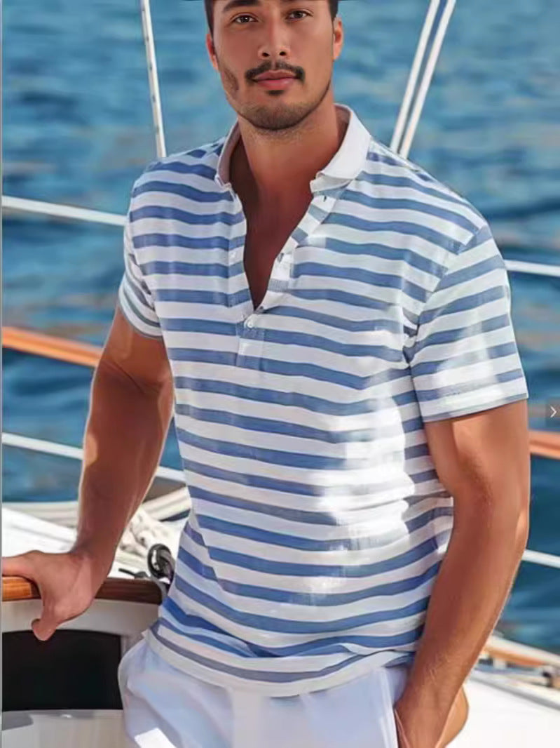 Herren Poloshirt mit modernem Nautikstreifen und kurzem Stehkragen WW