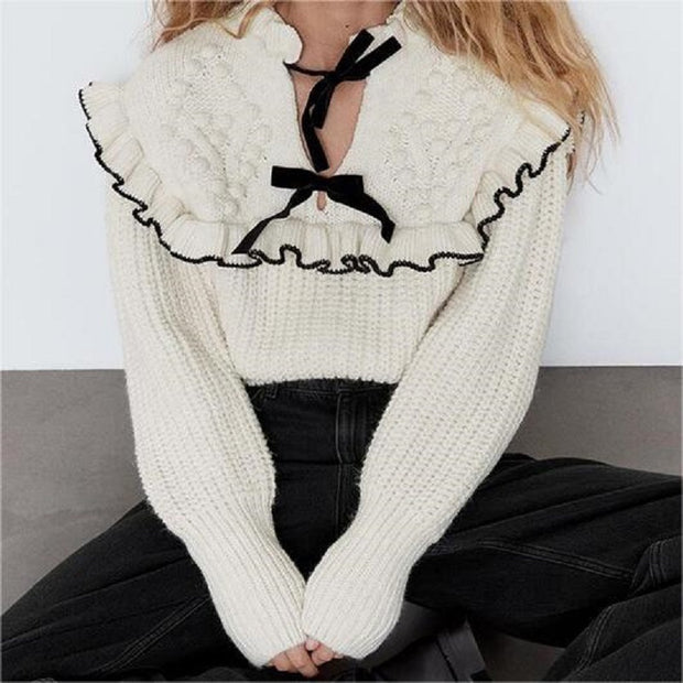Damen Strickpullover mit Rüschenkragen und dekorativen Schleifen WW