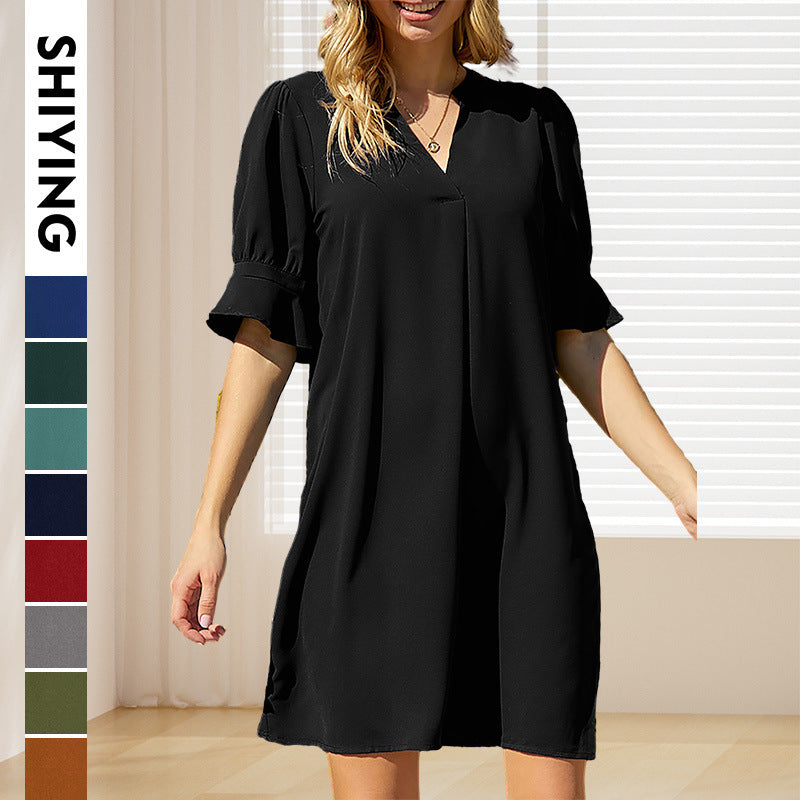 Damen elegantes Minikleid mit vorteilhaftem V-Ausschnitt und puffartigen Ärmeln WW