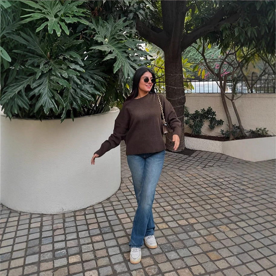 Damen Bequemer Oversized Crewneck Pullover WW