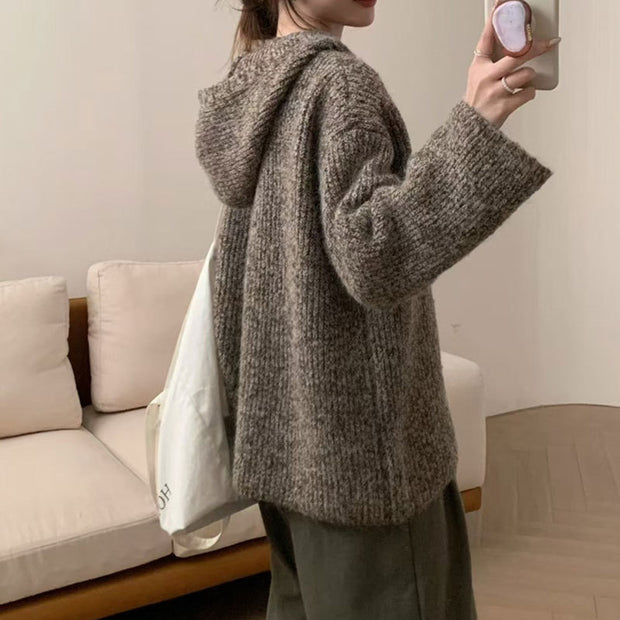 Damen bequemer Strickpullover mit Knopfleiste und Kapuze WW