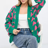 Damen Strickjacke mit geometrischem Muster und knöpfbarem Design WW
