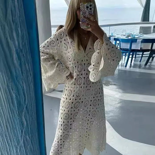 Damen luftiges Häkelkleid mit weiten Ärmeln W&W Mode