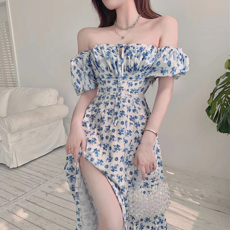 Damen Blütenmuster Mini-Kleid mit Puffärmeln W&W Mode