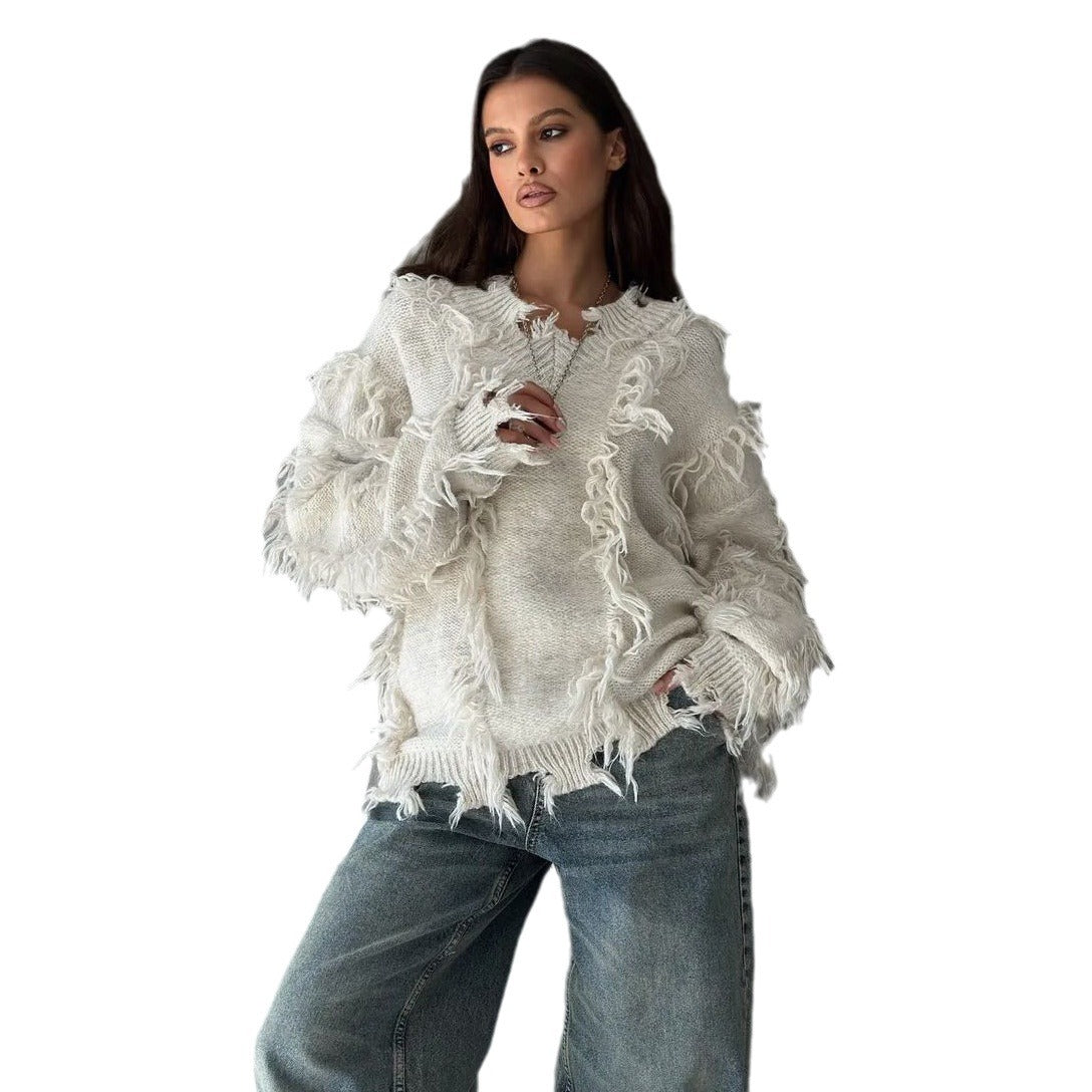 Damen Strickpullover mit lässigem Fransen-Design WW