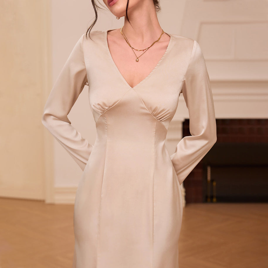 Damen elegantes Satin-Kleid mit V-Ausschnitt und langem Arm W&W
