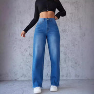 Damen weite High-Waist Jeans mit ausgefranstem Saum WW