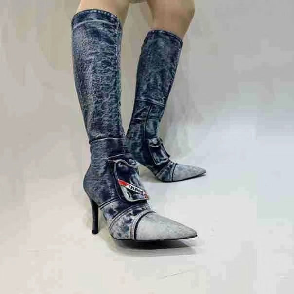 Damen High-Stiletto Denim Über-die-Knie Stiefel mit dekorativer Tasche WW
