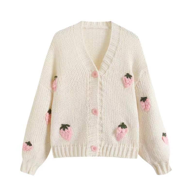 Damen Bestickter Erdbeer-Button-Up-Cardigan WW