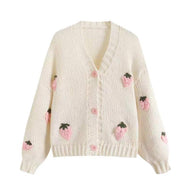 Damen Bestickter Erdbeer-Button-Up-Cardigan WW