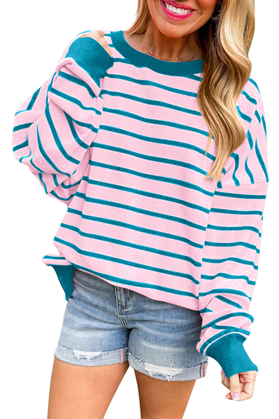 Damen lässiger und bequemer Pullover mit strukturiertem Rippenmuster und weitem Schnitt WW