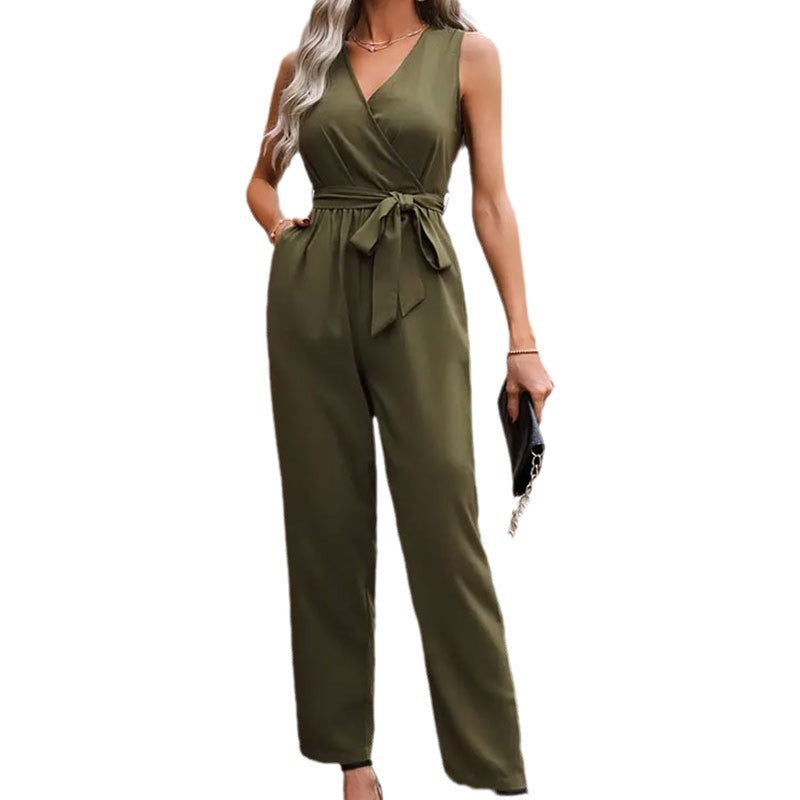 Damen eleganter Wickel-Jumpsuit mit Taillengürtel W&W Mode