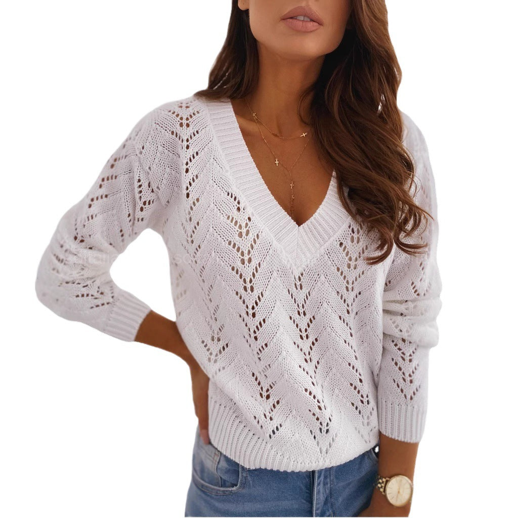Damen Strickpullover mit V-Ausschnitt und kunstvollen Lochmustern WW