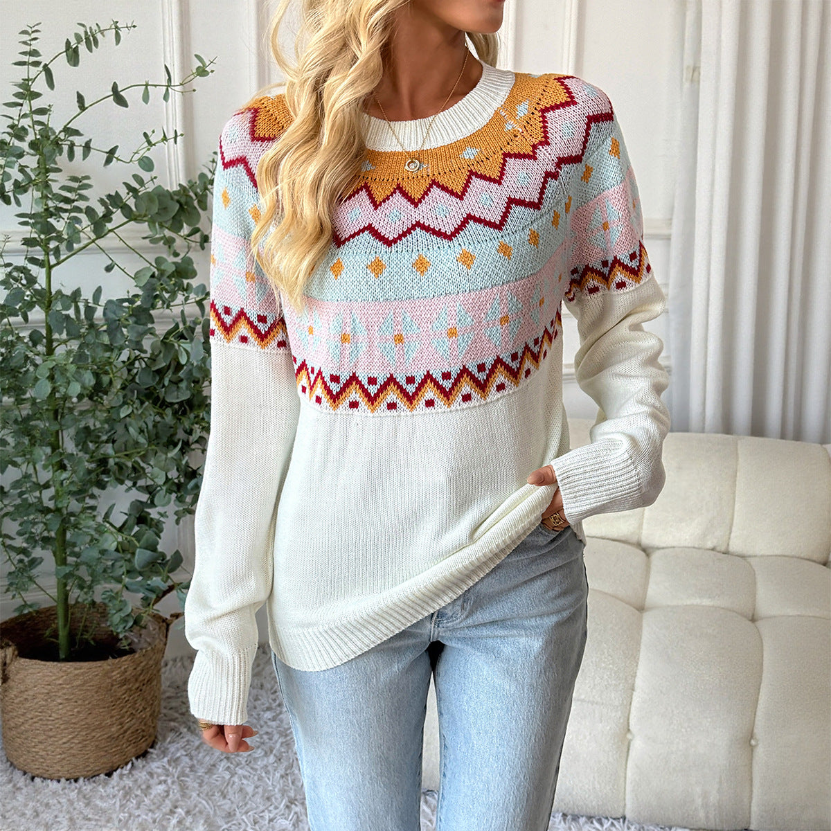 Damen Strickpullover mit traditionellem Muster und überschnittenen Schultern WW