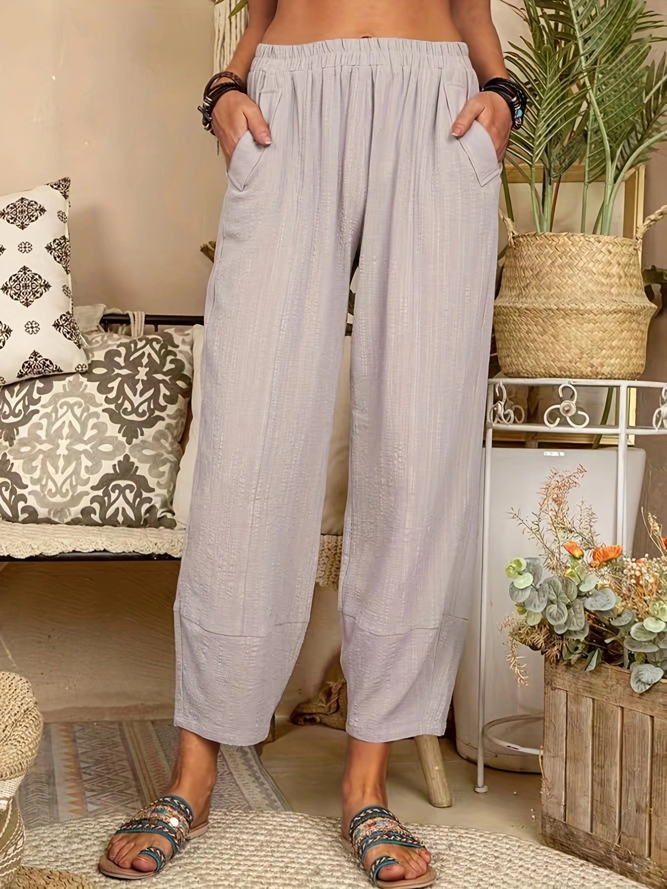 Damen bequeme Sommerhose mit elastischem Bund und praktischen Seitentaschen WW