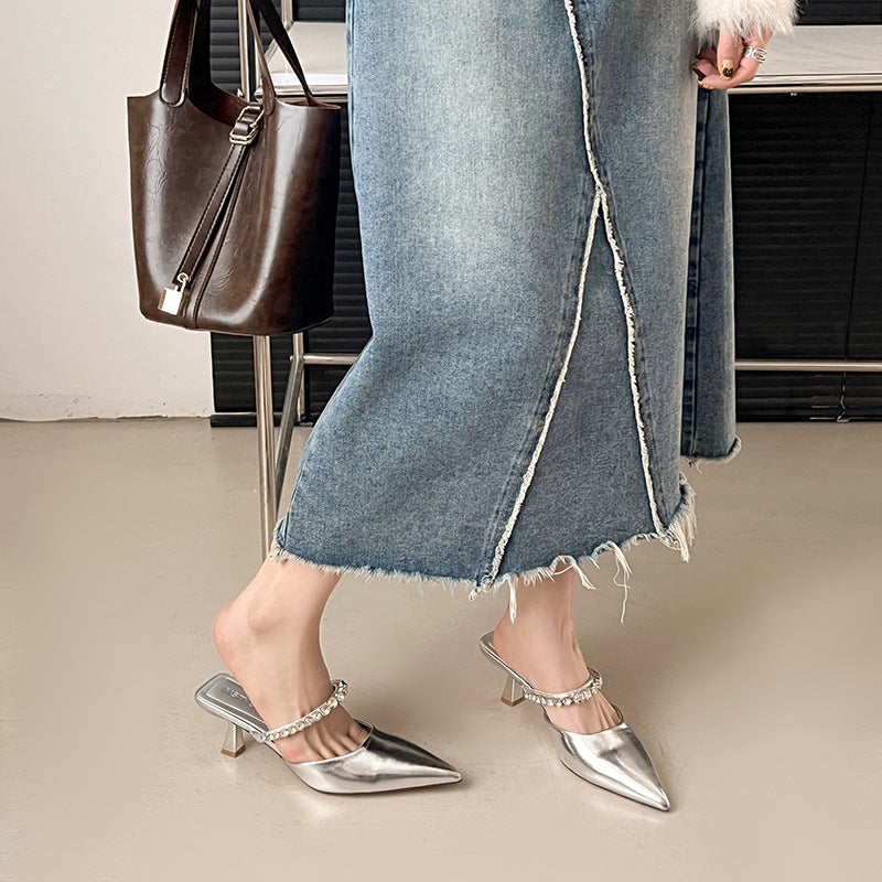 Damen Schicke Spitz Zehen Absatz Mules mit Strass Riemen WW