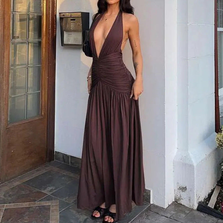 Damen Maxikleid mit tiefem V-Ausschnitt und drapierter Silhouette W&W Mode