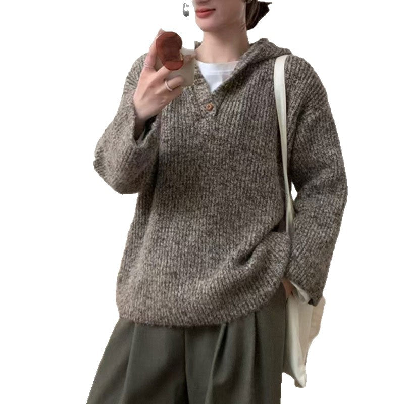 Damen bequemer Strickpullover mit Knopfleiste und Kapuze WW