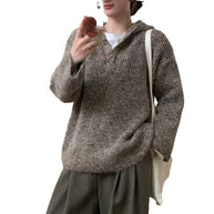 Damen bequemer Strickpullover mit Knopfleiste und Kapuze WW