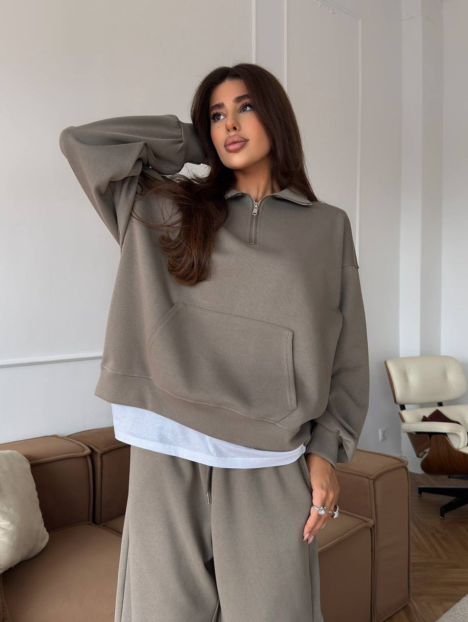 Damen bequemer und stylischer Fleece-Pullover mit halbem Reißverschluss und weiten Hosen WW
