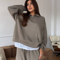 Damen bequemer und stylischer Fleece-Pullover mit halbem Reißverschluss und weiten Hosen WW