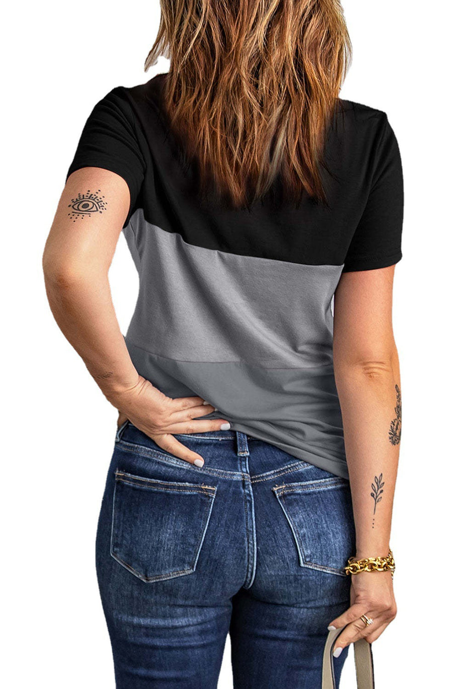 Damen lässiges T-Shirt mit farbigem Blockdesign und Rundhalsausschnitt WW