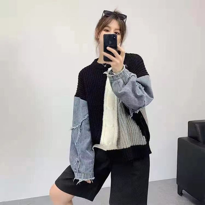 W&W Mode | Patchwork-Pullover mit Denim-Ärmeln