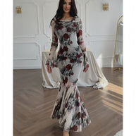 WW | Blumenmuster Langarm Langrock Kleid