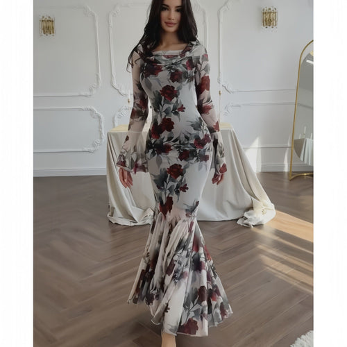 WW | Blumenmuster Langarm Langrock Kleid