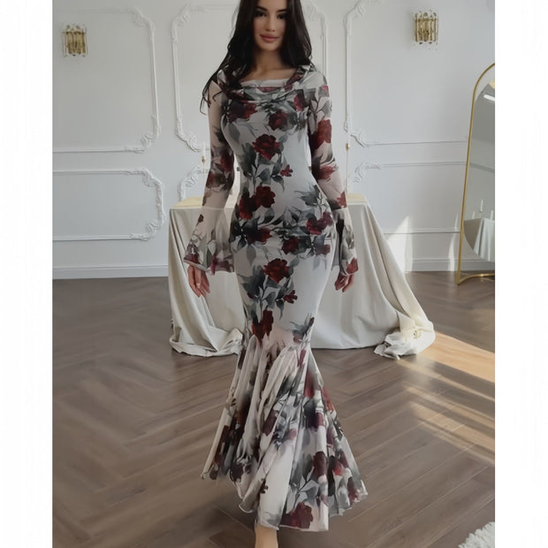 WW | Blumenmuster Langarm Langrock Kleid