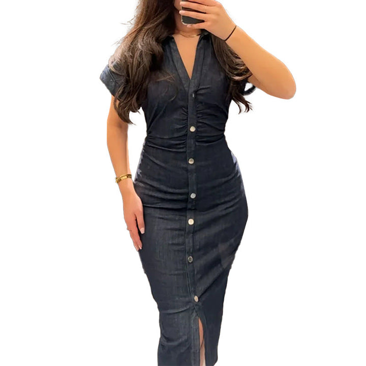 Damen Knielanges Denim Kleid mit elegantem Knopfdesign W&W Mode