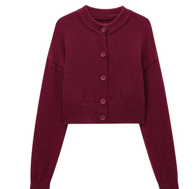 Damen kurze Strickjacke mit Knopfleiste und elegantem Rundhalsausschnitt WW