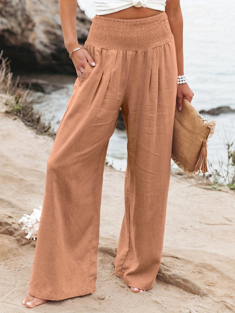Damen Weite Leinenhose mit elastischem Bund und praktischen Taschen WW