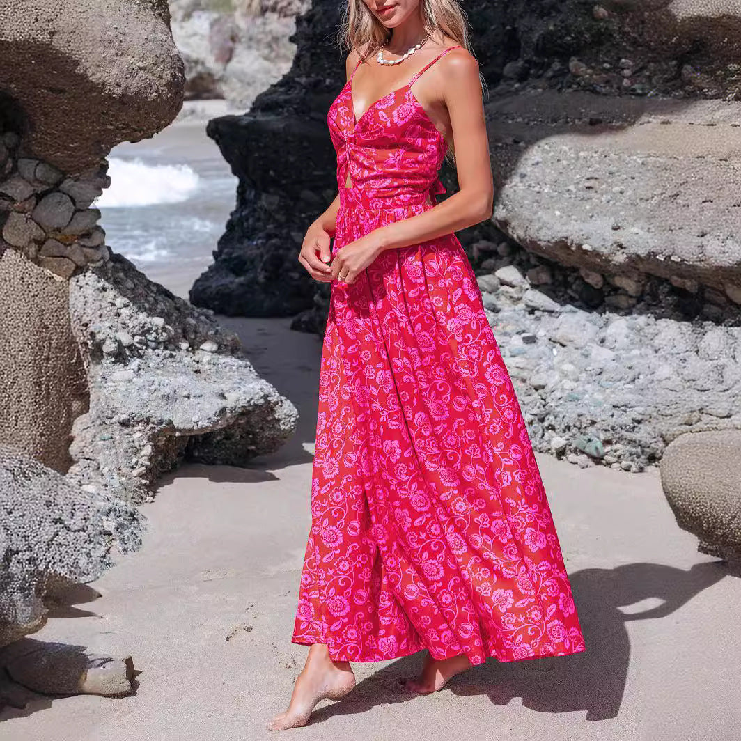 Damen Maxikleid mit raffiniertem Knotendetail und floralen Designelementen W&W Mode