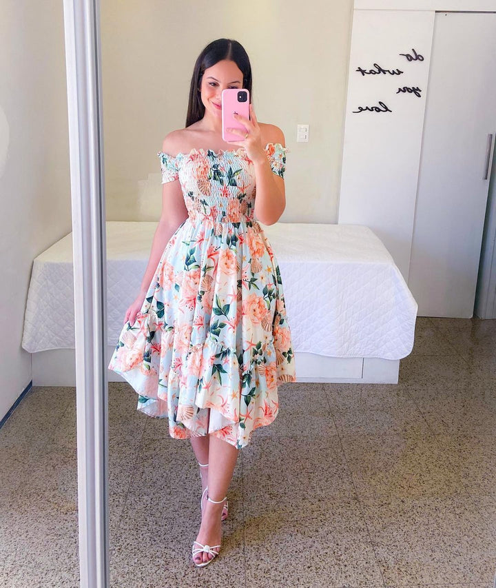 Damen Sommerliches Off-Shoulder Kleid mit farbenfrohem Schmetterlingsmuster und geschmeidigem Faltenwurf W&W Mode