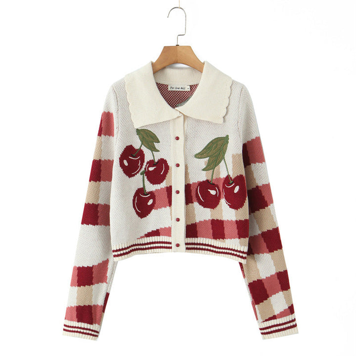 Damen cropped Strickjacke mit Kirschenmuster und durchgehendem Knopfverschluss W&W Mode