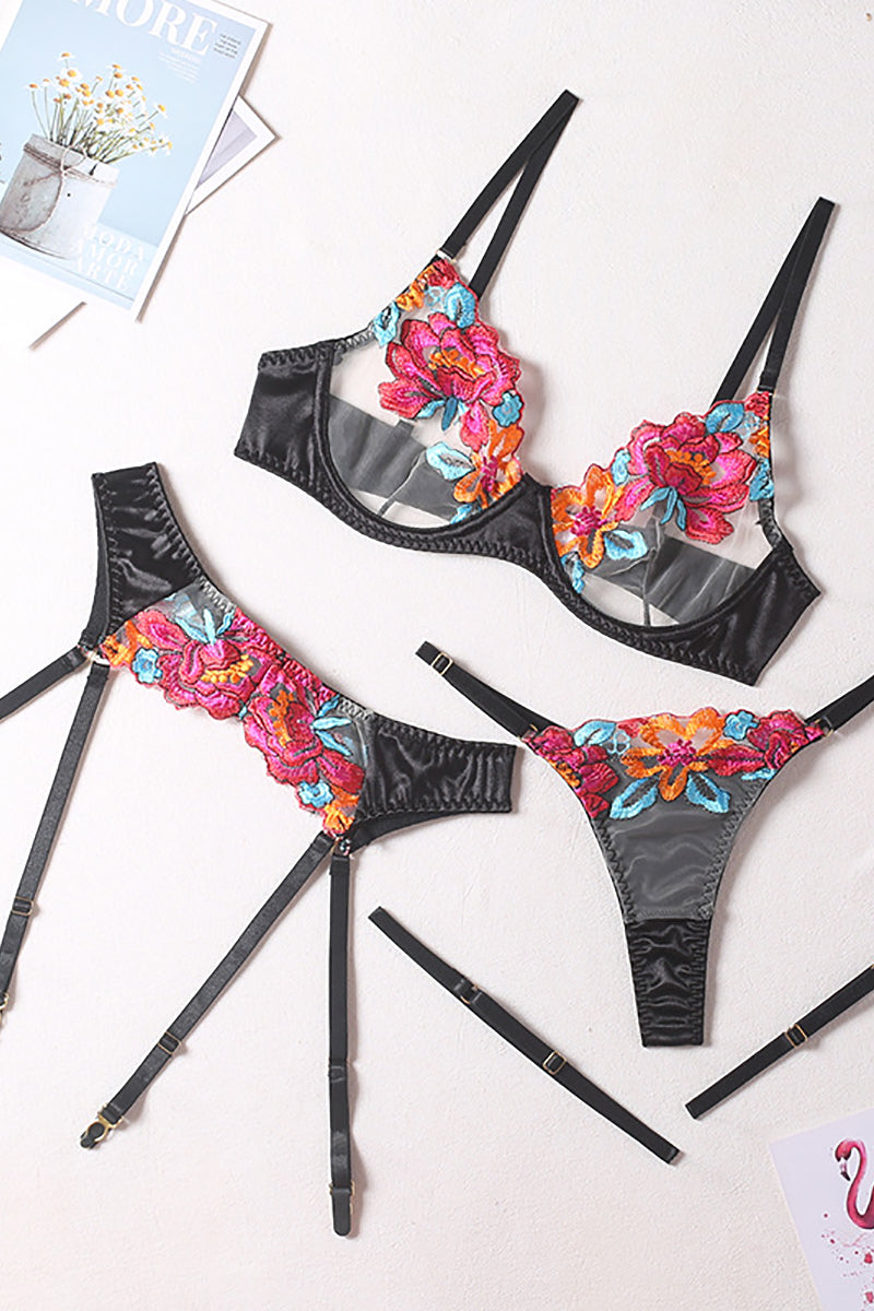 W&W Mode | Satin Durchsichtige Blumen 3 Teile Lingerie Set