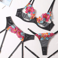 WW | Satin Durchsichtige Blumen 3 Teile Lingerie Set