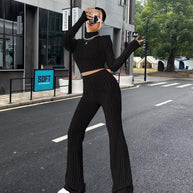 Damen Strick-Crop-Top und Palazzo-Hosen Set WW