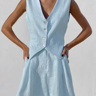 Damen luftiges Leinen-Set mit ärmellosem Blazer und Shorts WW