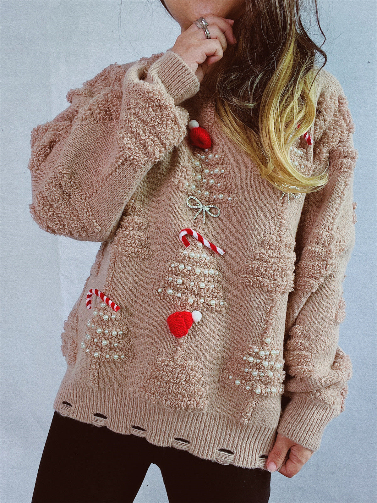 Damen festlicher Pullover mit kreativen Weihnachtsmotiven und strukturiertem Design WW
