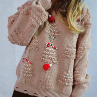 Damen festlicher Pullover mit kreativen Weihnachtsmotiven und strukturiertem Design WW