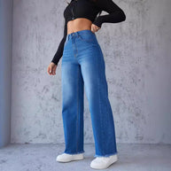 Damen weite High-Waist Jeans mit ausgefranstem Saum WW