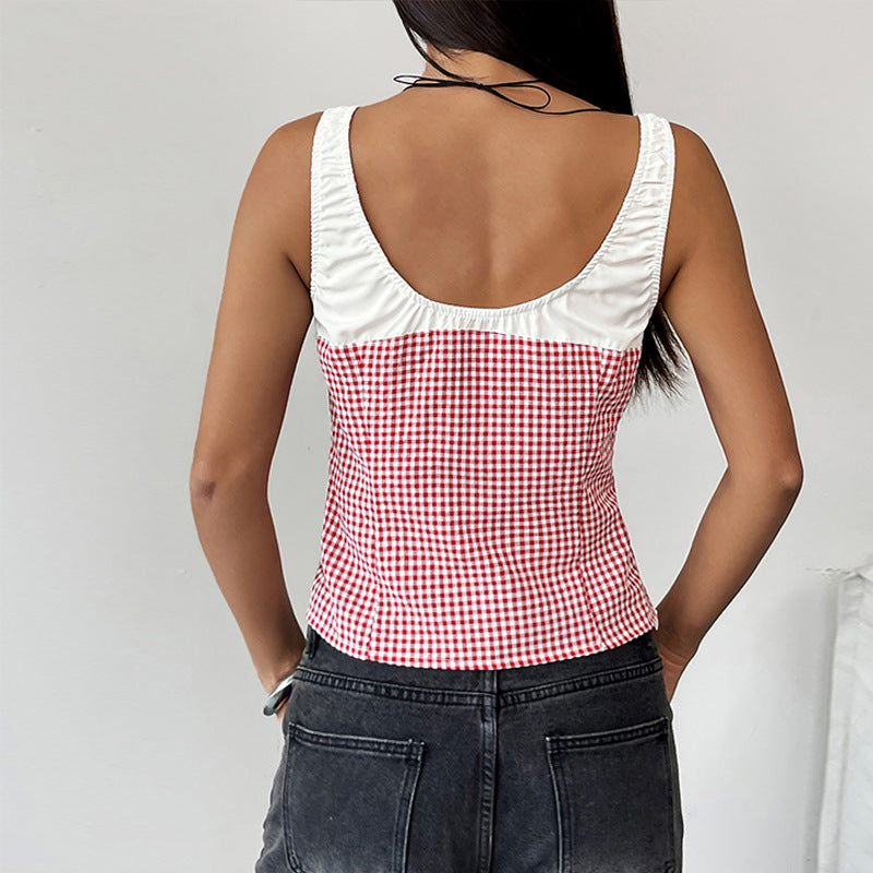 Damen modisches Top mit kariertem Muster und raffiniertem Bindeband WW