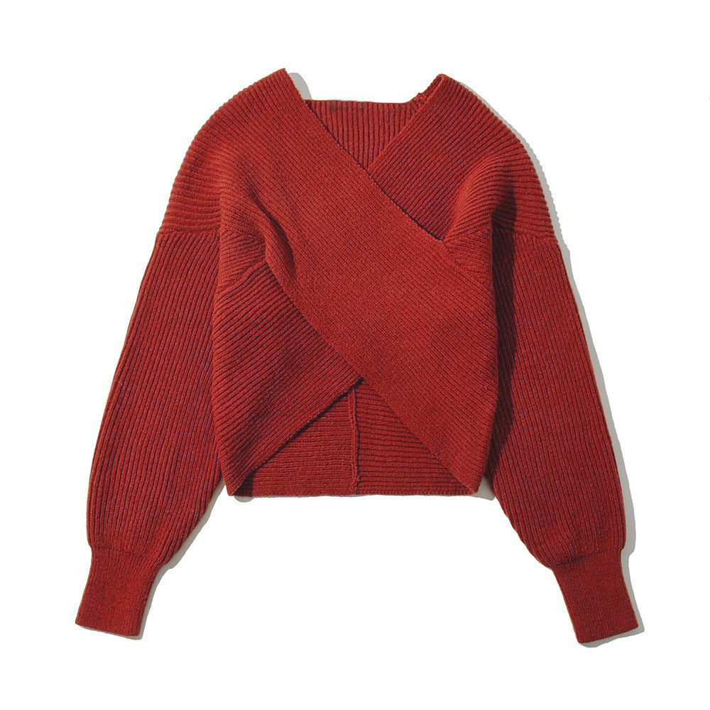 Damen stilvoller Wickelpullover mit innovativem Schnitt und breiten Ärmeln WW