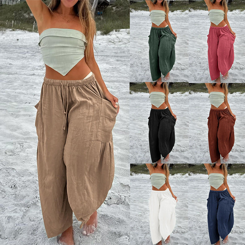 Damen lässige weit geschnittene Leinenhose mit praktischen Taschen und elastischem Bund WW